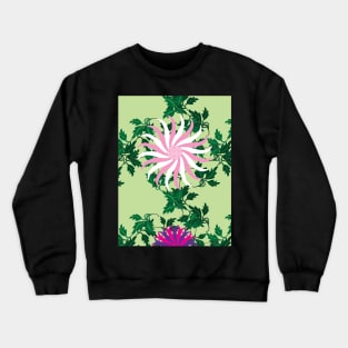 White and Pink, Cerise and Purple Flowers on a Vine Leaves and Peppermint Green background Crewneck Sweatshirt